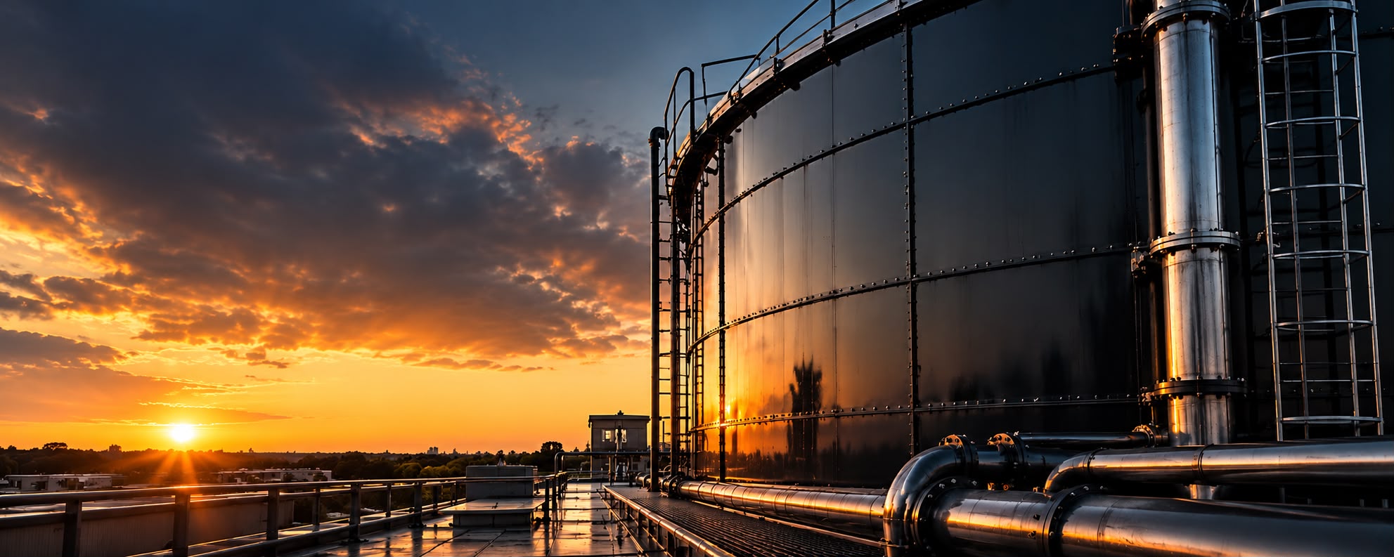 Large steel industrial water storage tank with pipework and access ladder at sunset